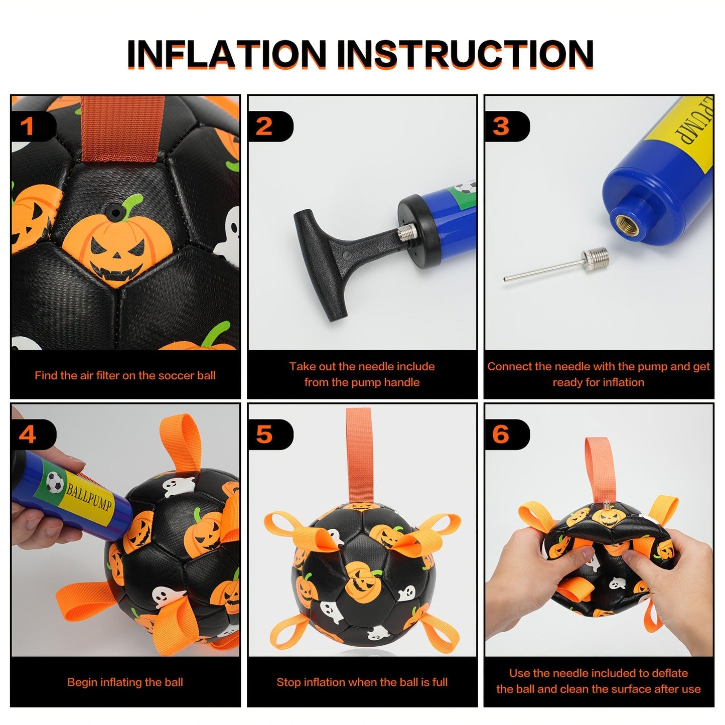 Dog Toy Halloween Pumpkin-Ghost Football with Pump, Strap and 6 or 7.28-Inch Size Options for Dogs