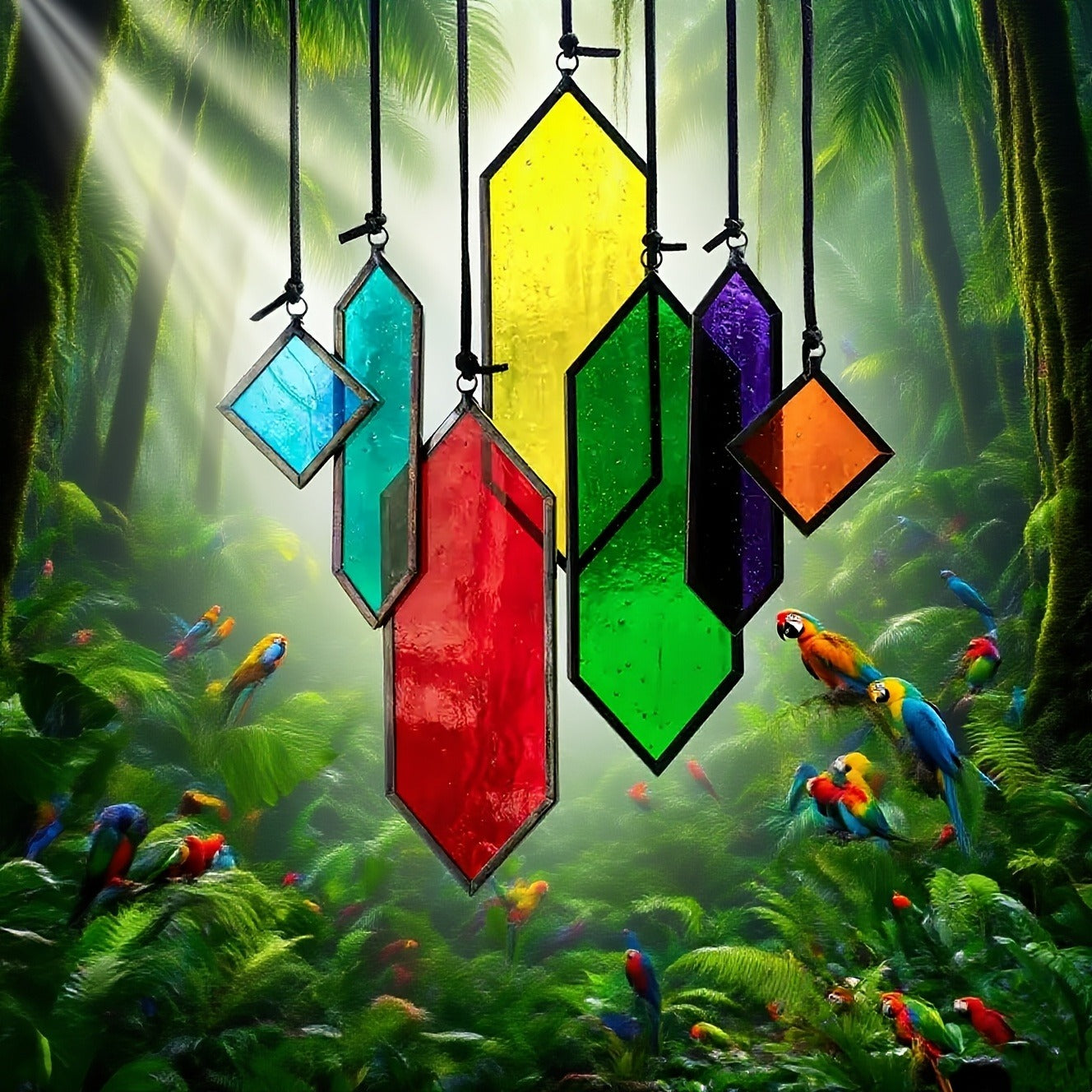 Hanging Geometric Color-Panel Suncatcher Ornament in Multicolor or Blue Checkout Options for Window and Garden Display