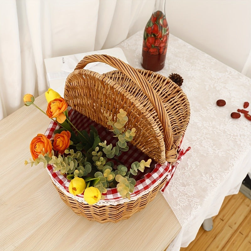 Willow Picnic Hamper Basket with Hinged Lid, Carry Handle and Red Checkered Textile Lining