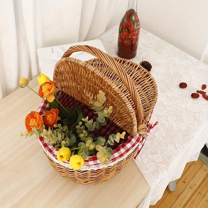Willow Picnic Hamper Basket with Hinged Lid, Carry Handle and Red Checkered Textile Lining