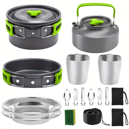 Camping Cookware Set, Aluminum Pot, Frying Pan and Kettle Kit with Folding Handles, Cutlery and Carry Bag
