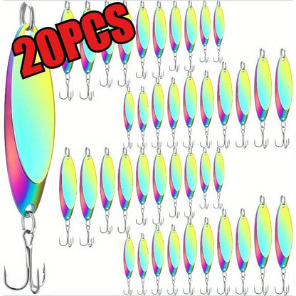 Fishing Lure Set 20-Piece Holographic Metal Casting Spoons in Five Weights with Gold, Silver or Rainbow Finish and Treble Hooks