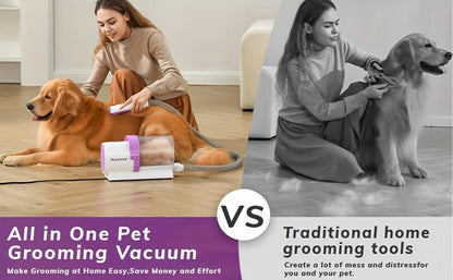 Pet Grooming Vacuum Kit with 2.5L Collection Cup, Electric Clipper, Hose and Four Pictured Tool Attachments