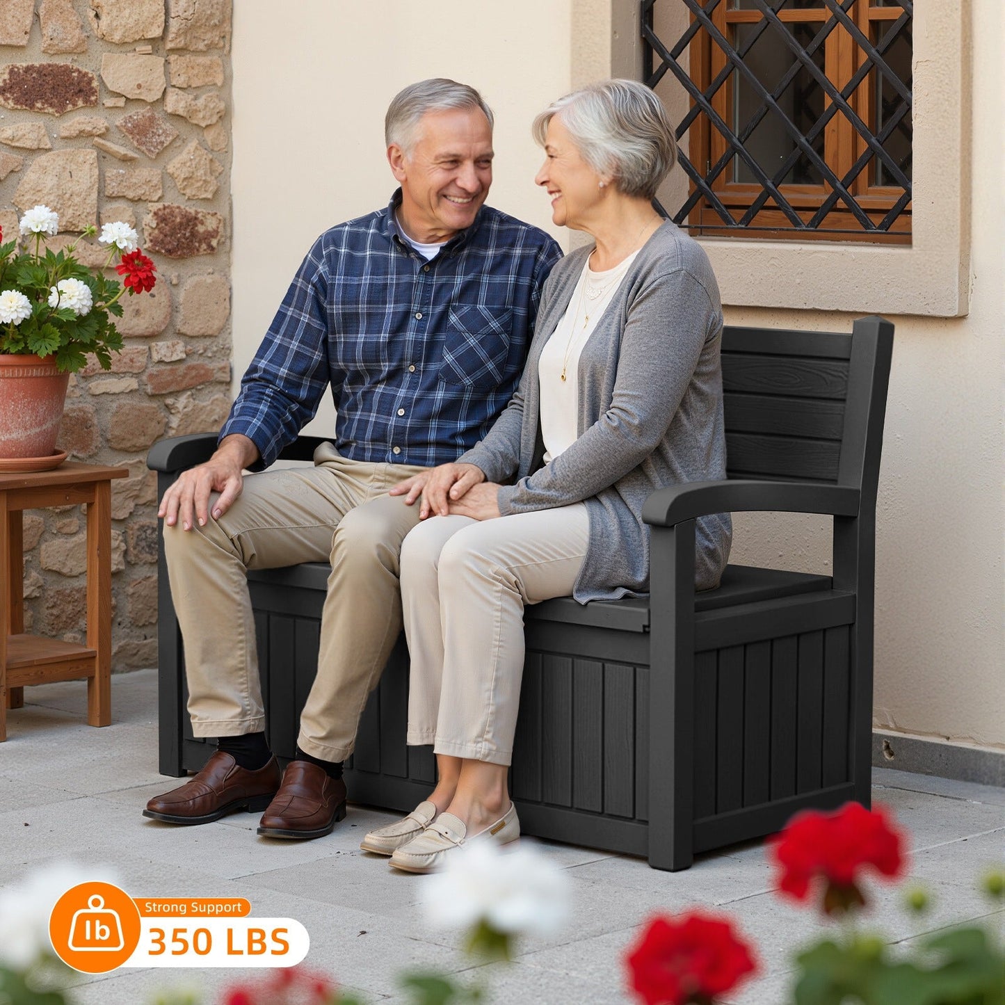 80-Gallon Outdoor Deck Storage Bench with Backrest, Armrests and Hidden Under-Seat Compartment in Two Colors