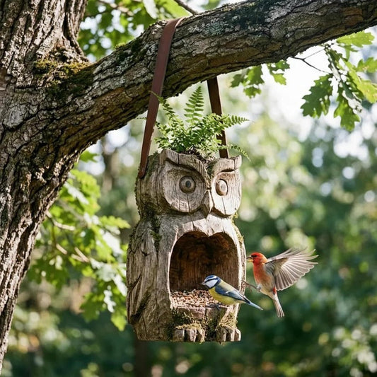 Bird Feeder Hanging Outdoor Rustic Wood Owl-Shaped Plant Pot for Patio Lawn Garden Decor - Open Design Decorative Planter for Bird Seed or Plants, Wood Grain Finish