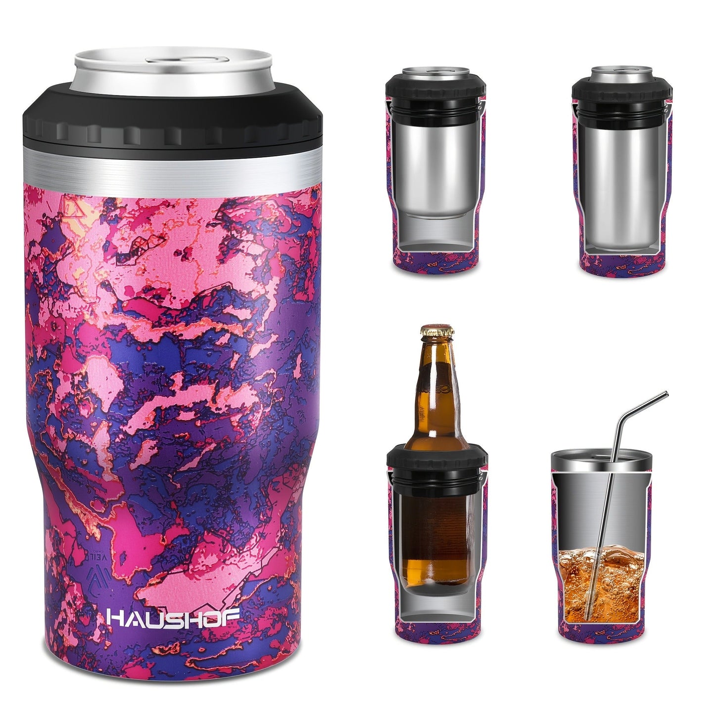 Insulated 12 oz Can Cooler with Double-Wall Body in Black, Navy Blue and Three Camo Color Options