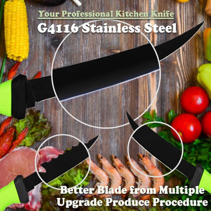 Three-Piece Stainless Steel Fishing Knife Set with 4.5 to 6.5 Inch Green-Handled Fillet Blades