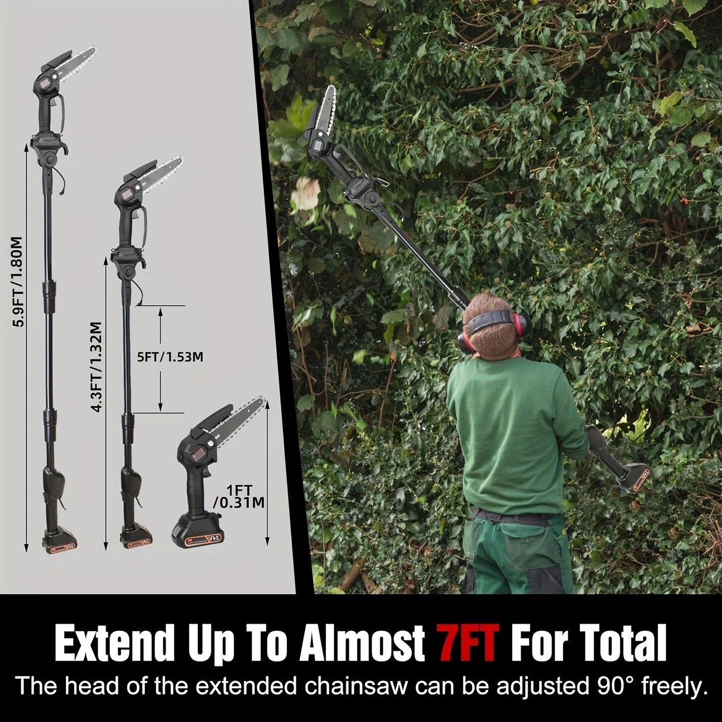 Cordless 4- and 6-Inch Pole Saw with Three Extension Sections, 90° Head, Two Batteries and Two Colors