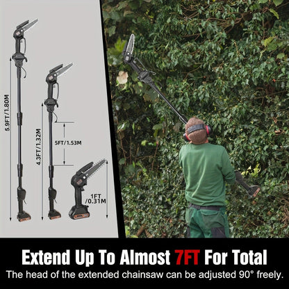 Cordless 4- and 6-Inch Pole Saw with Three Extension Sections, 90° Head, Two Batteries and Two Colors
