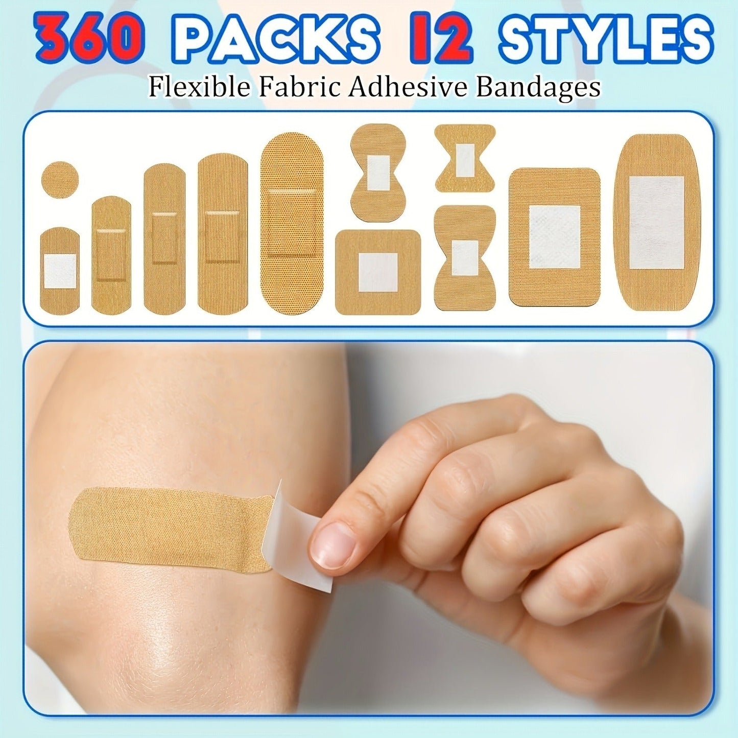 360-Piece Assorted Adhesive Bandage Set with Regular, Fingertip and Knuckle Shapes in 8 or 12 Styles
