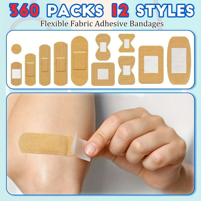 360-Piece Assorted Adhesive Bandage Set with Regular, Fingertip and Knuckle Shapes in 8 or 12 Styles