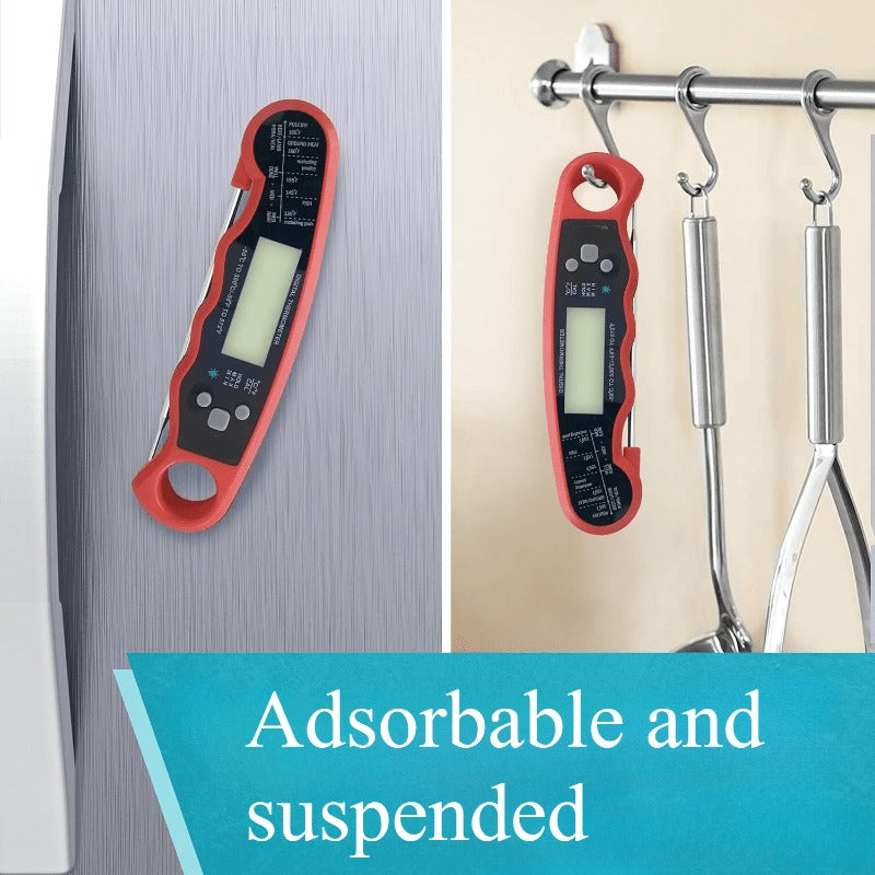 Red and Black Folding Digital Food Thermometer with Backlit Display, Calibration Mode, Unit Switch and Hanging Loop