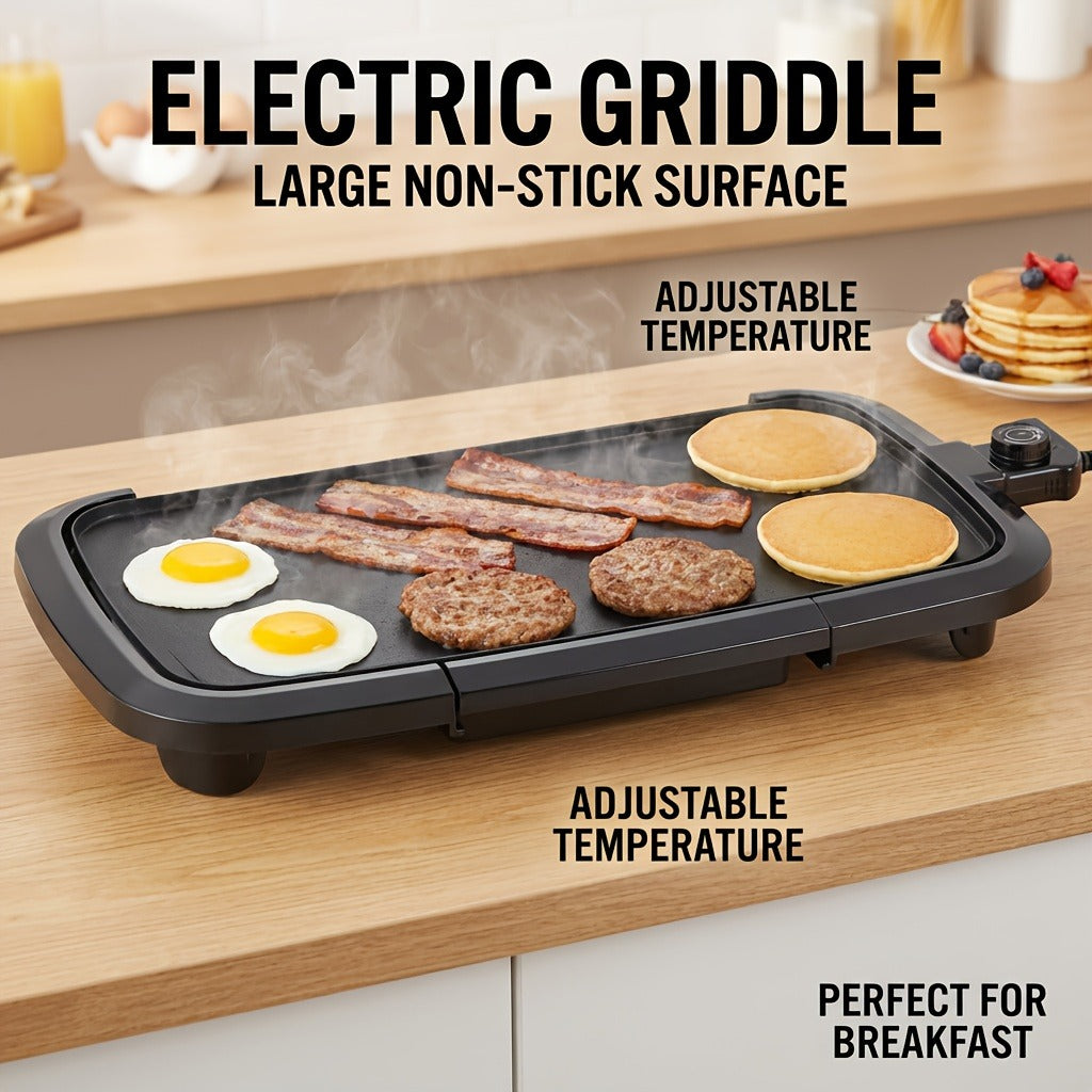 Electric Griddle Non-Stick Teppanyaki Grill Pan, Frying & Grilling All-in-One for Eggs, Steaks, Bacon, Pancakes & Seafood – Easy-Clean Indoor Electric Grill for Breakfast, BBQ & Party