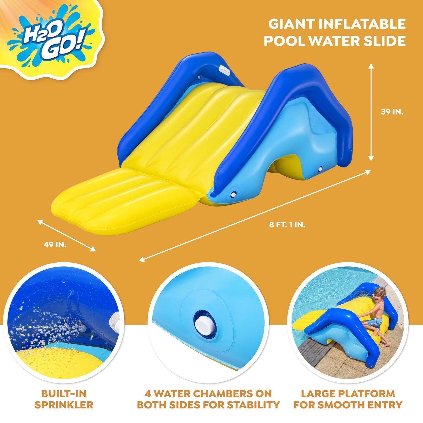 Inflatable Pool Water Slide Giant – 97x49x39 Inch Backyard Waterslide with Built-In Sprinkler, 4 Water Chambers for Stability, Large Platform, PVC
