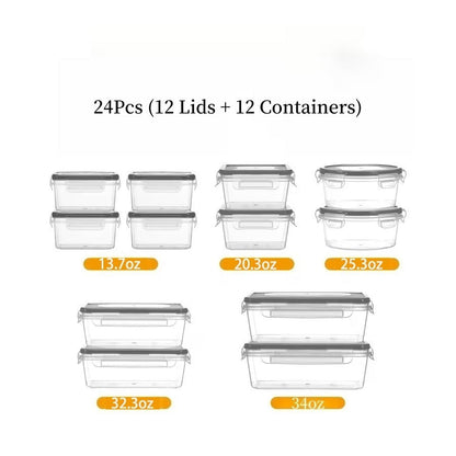 Food Storage Container Set with 12, 20 or 24 Clear Boxes, Locking Lids and Microwave, Dishwasher and Freezer Use