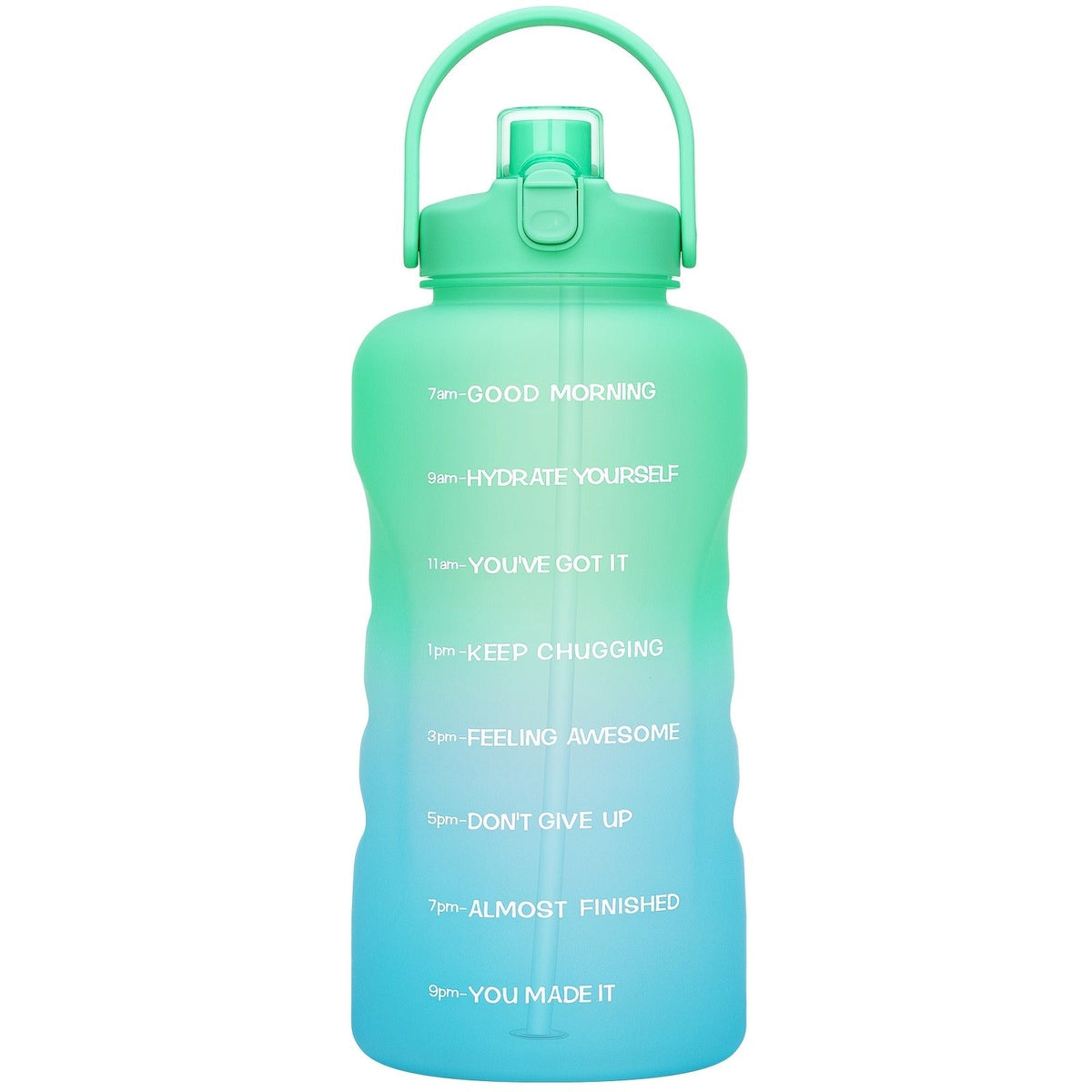 128oz Water Bottle Jug with Time Markers, Handled Flip-Top Straw Lid and Seven Color Treatments