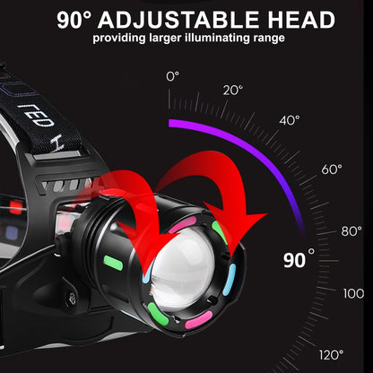 2000LM-Labeled Rechargeable Zoom Headlamp with Four Modes, 400m Beam Label, Rear Red Lamp and 90° Tilt
