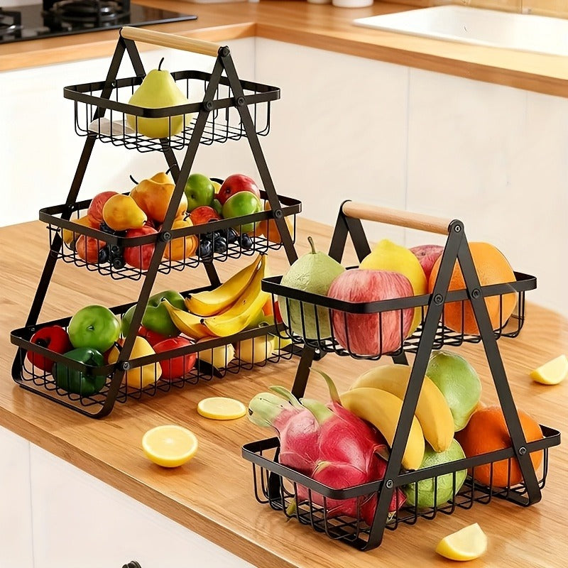 Tiered Fruit Basket with Removable Wooden Handles – 2 or 3 Tier Metal Kitchen Counter Organizer for Produce, Bread & Snacks