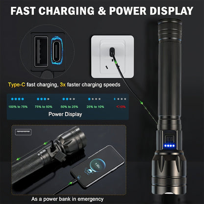 Flashlight 4000-Lumen P70 Zoom Torch with Five Modes, USB-C Charging and 18650 5000mAh Battery