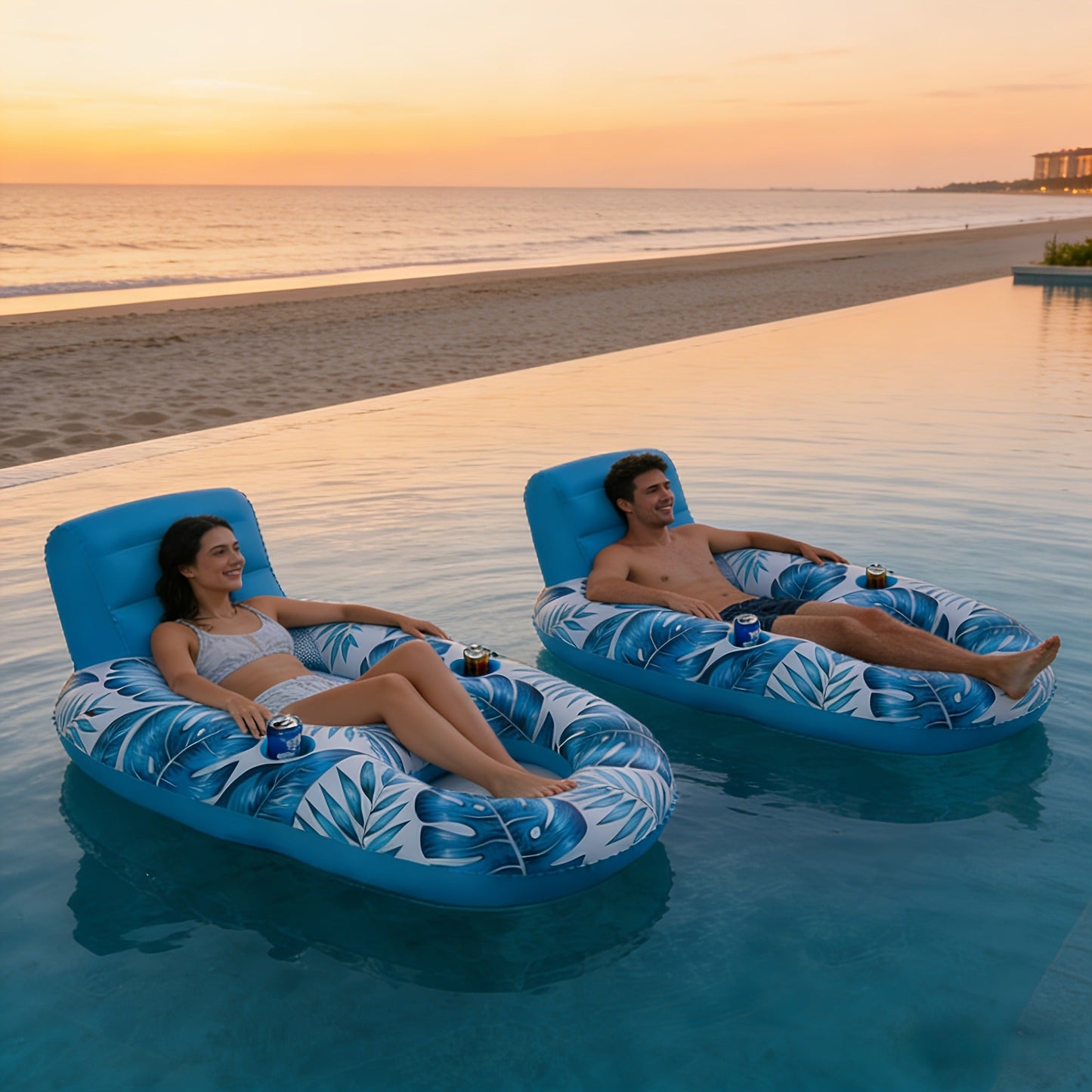Inflatable Pool Float Set of 2 – 59.1x36.2 Inch Portable Raft with Dual Cup Holders for Pool Beach Lake Outdoor Leisure, Blue & White Seaside Design