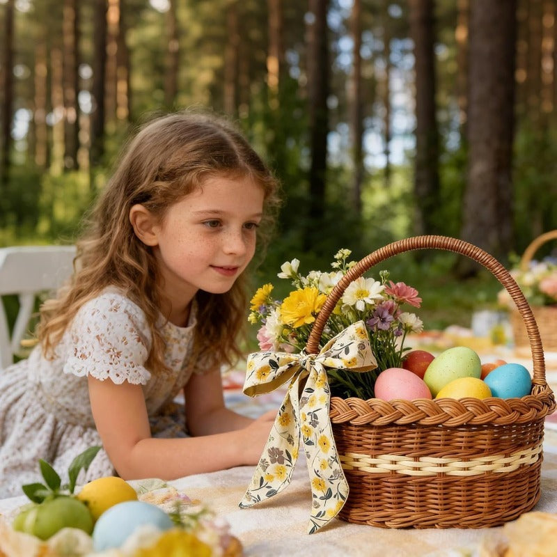 Wicker Easter Basket with Handle – Large Hand Woven Retro Basket with Ribbon for Easter Egg Hunt, Picnic, Outdoor Camping, Gift Hamper & Home Decor