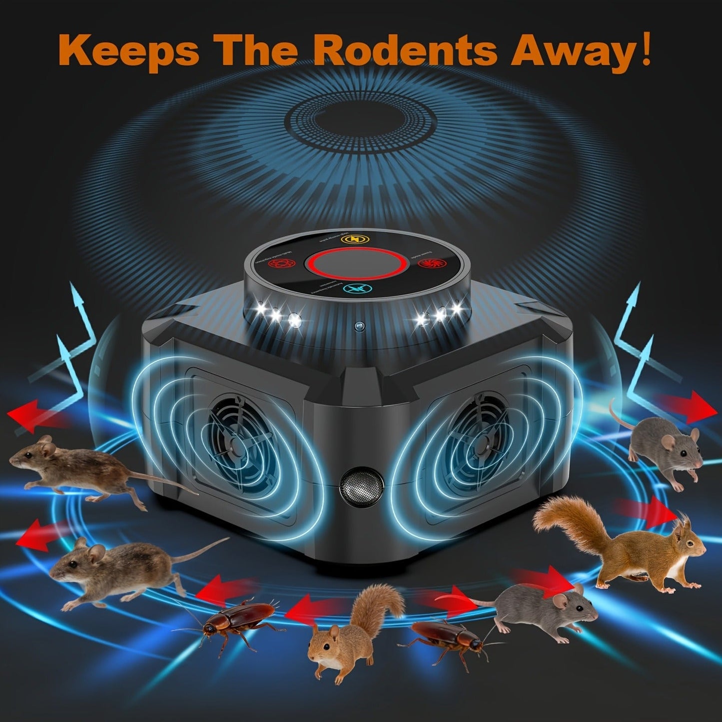 Four-Mode Ultrasonic Pest Control Device with 12 LED Strobes, Independent Switches and One or Two-Pack Options