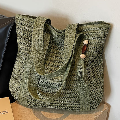 Straw Woven Tote Bag for Women Large Capacity Beach Bag Handwoven Shoulder Bag with Tassel Summer Vacation Travel Shopping Bag