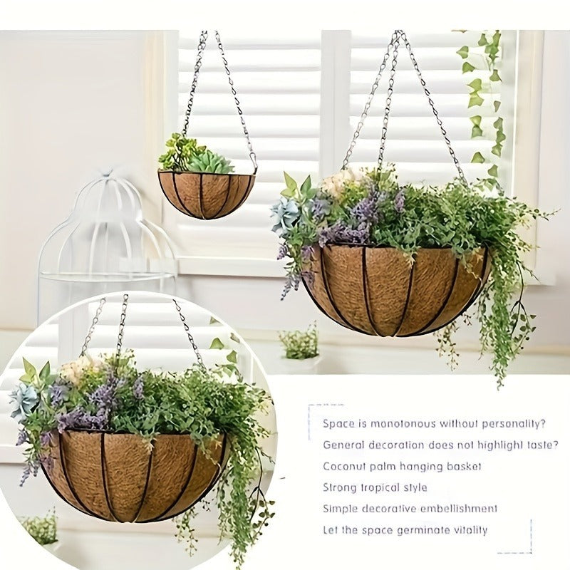 Three-Piece Hanging Flower Basket Set with 10-Inch Coco Liners, Metal Chains and S-Hooks for Porch or Balcony