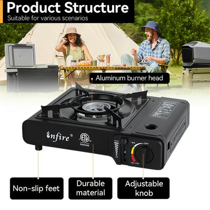 Black Single-Burner Butane Tabletop Camping Stove with Carrying Case, Adjustable Knob and US-Spec Option
