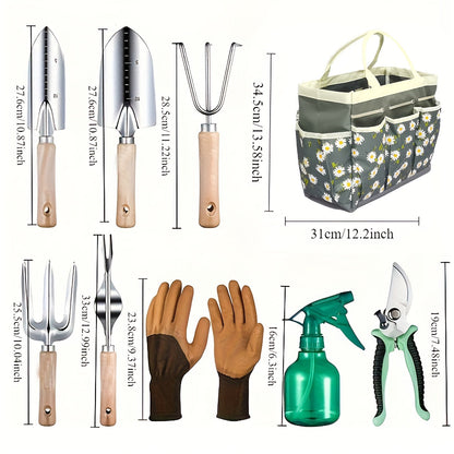 Gardening Kit 9-Piece with Gloves & Carry Bag | Heavy Duty Rust-Resistant Garden Tool Set Trowel Weeder Pruner Rake | Planting Gift for Women Men Beginners