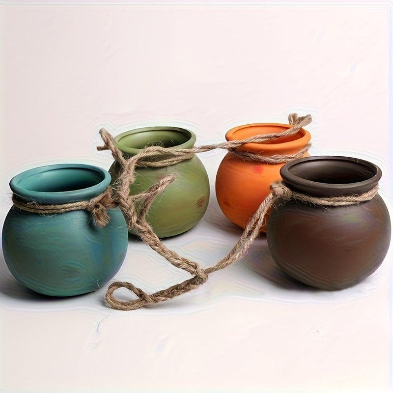 Four-Piece Geometric Hanging Planter Set with Hemp-Rope-Label Suspension and Four Earth-Tone Pot Colors