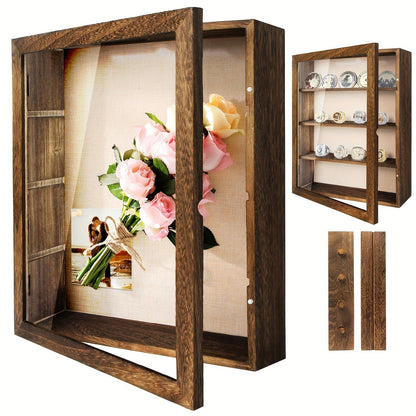 Shadow Box Frame 11x14 Large Memory Display Case with Linen Back - 4 Removable Shelves for Medals, Coins, Rings, Pins, Photos & Flowers | Deep Shadow Box for Collections, Country Farmhouse Style