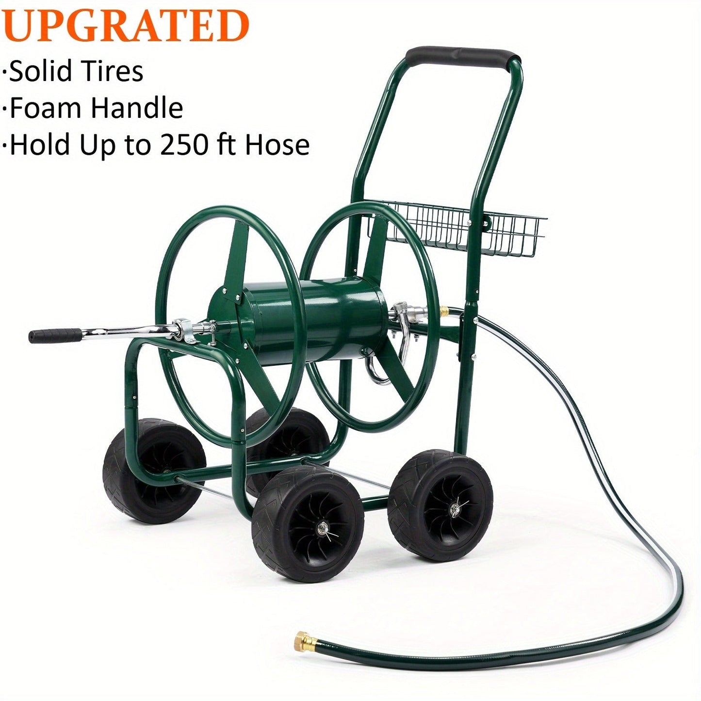 Four-Wheel Garden Hose Reel Cart in Green with Crank Handle, Storage Basket and Padded Push Grip
