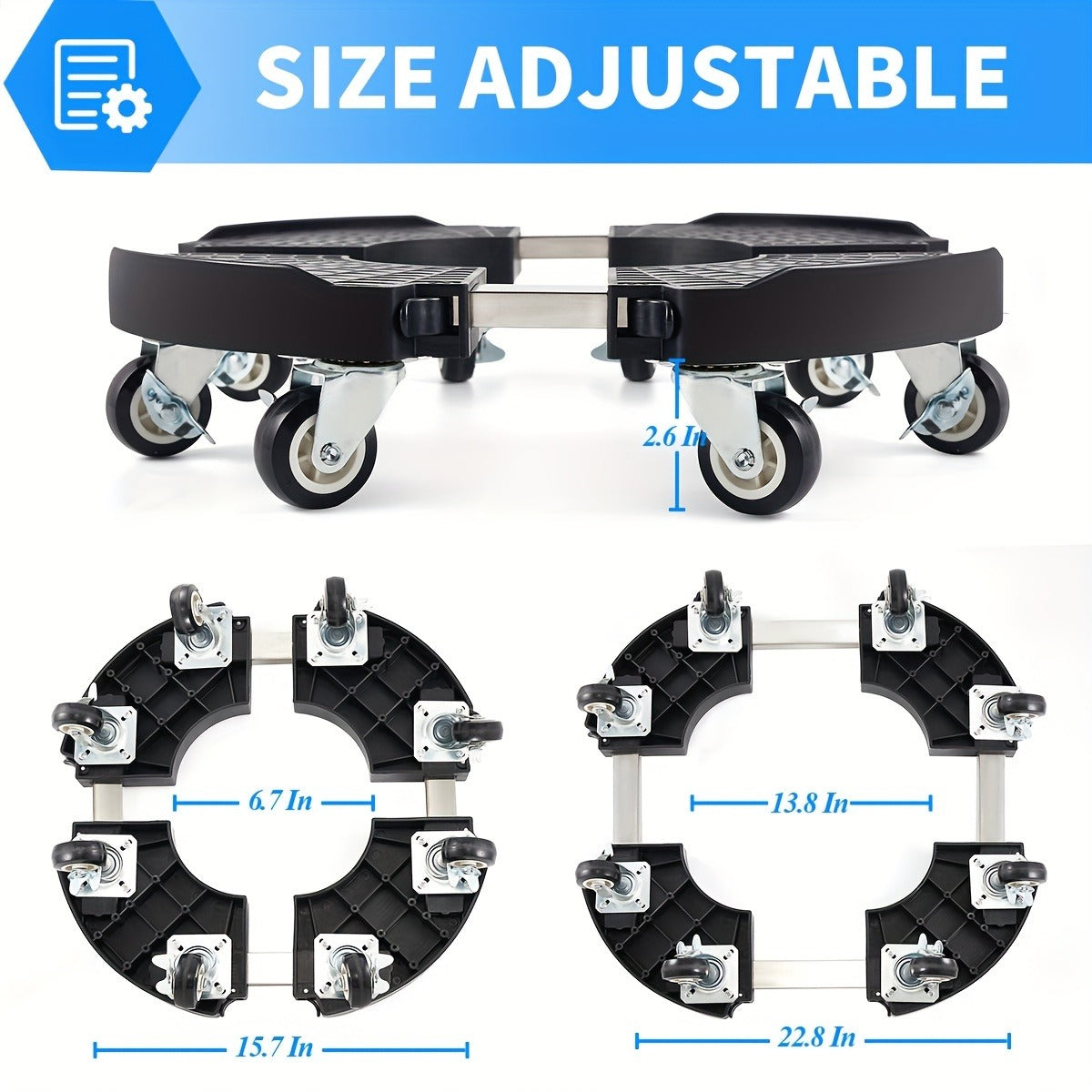 Adjustable Round Black Plant Caddy with Eight Lockable Casters for 8 to 22-Inch Pots and Containers