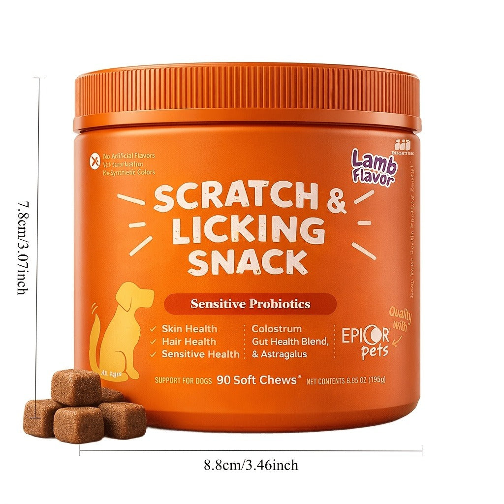 Dog Omega 3 Skin & Coat Chews 90ct – Lamb Flavor Soft Pellets with Probiotics for Itching, Scratching & Licking Relief, Fur Care Supplement for Dogs of All Ages & Breeds