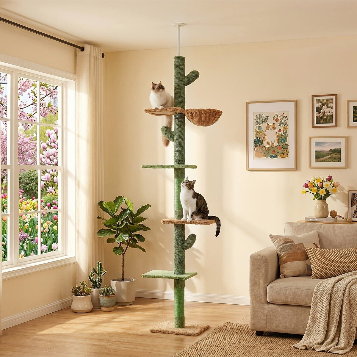 90-107.9-Inch Floor-to-Ceiling Cat Tree with Four Platforms, Tension Post and Five Style Options