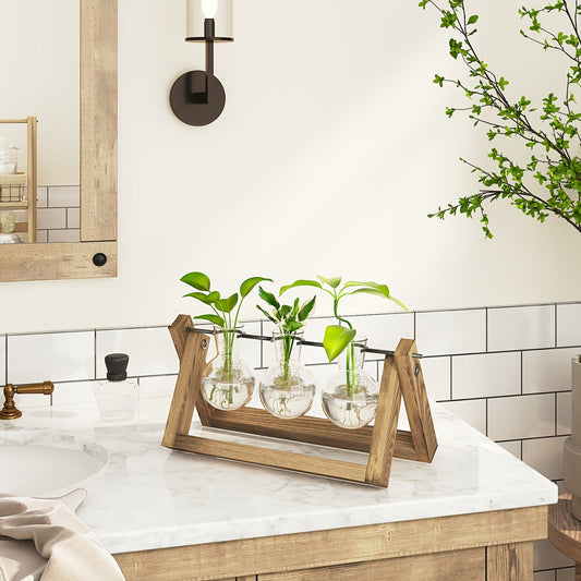 Glass Terrarium Heart Shaped Hydroponic Vase with Wooden Stand - Elegant Plant Propagation Station for Home Decor, Romantic Gift Idea for Women Plant Lovers, Boho Desk Decor