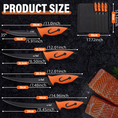 Fillet Knife Set 4-Piece – 5Cr15MoV Stainless Steel Fishing Fillet Knives (5", 6", 7", 9"), Non-Slip Rubber Handle, Serrated Bait Knife, Individual Sheaths & Storage Bag, Ideal Fishing Gift for Men