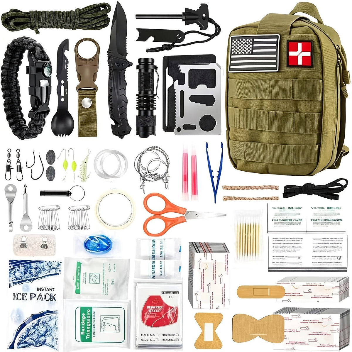 217-Piece Outdoor Tool and First Aid Supply Kit with MOLLE Bag in Nine Color-Labeled Options
