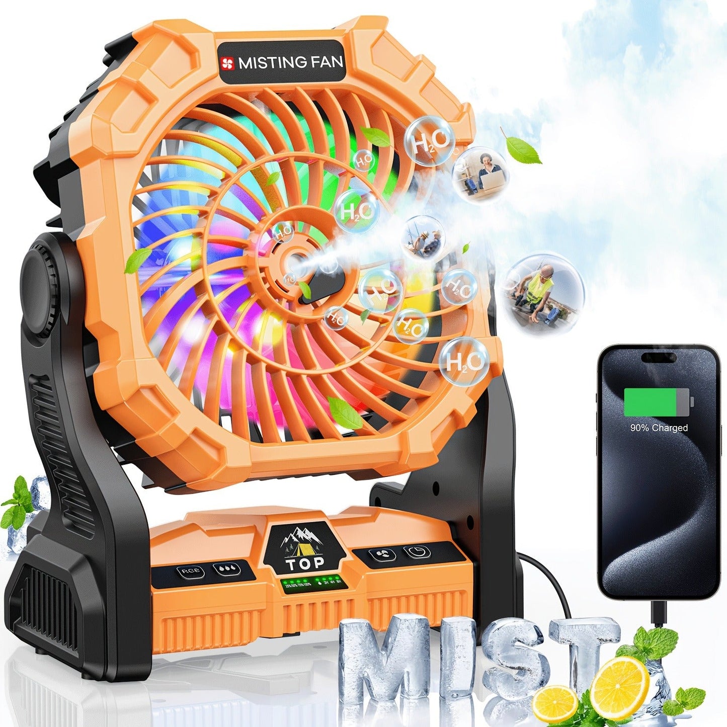 Camping Fan Rechargeable 20000mAh with Misting Solar Panel RGB Mood Light 4-Speed Tent Hook Phone Charging Portable Outdoor Fan