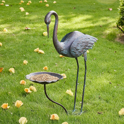 36-Inch Crane Sculpture Bird Bath Set with Separate 12.6-Inch Basin and Garden Stakes for Yard Decor