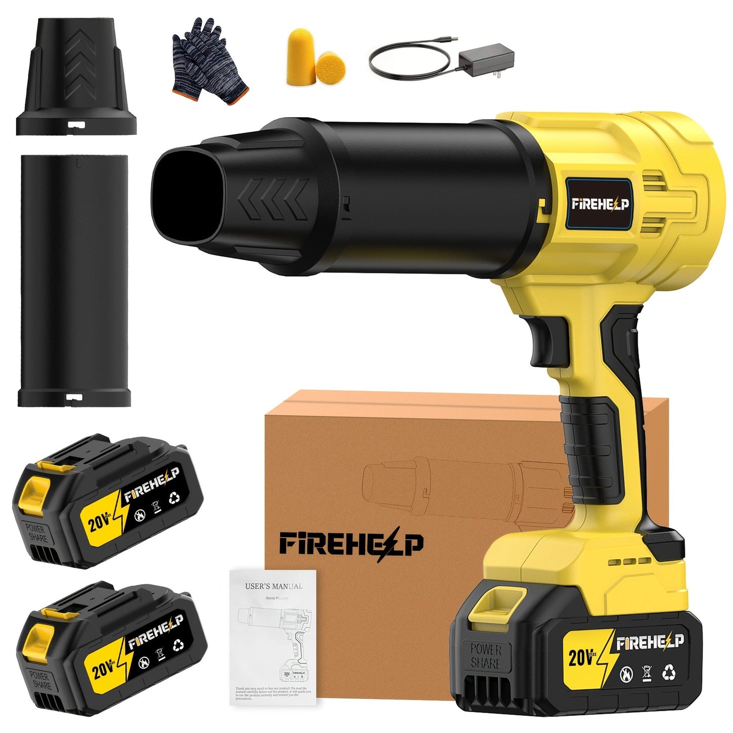 20V Cordless Leaf Blower with 50,000 RPM Marking, Yellow or Green Body and Six Dual-Battery Package Options