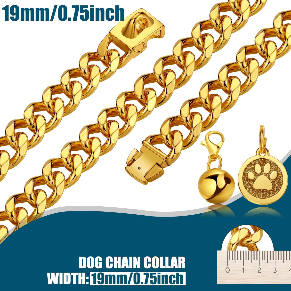 Gold-Color Cuban Link Dog Chain Collar with Paw and Bell Charms in Six Lengths from 16 to 26 Inches