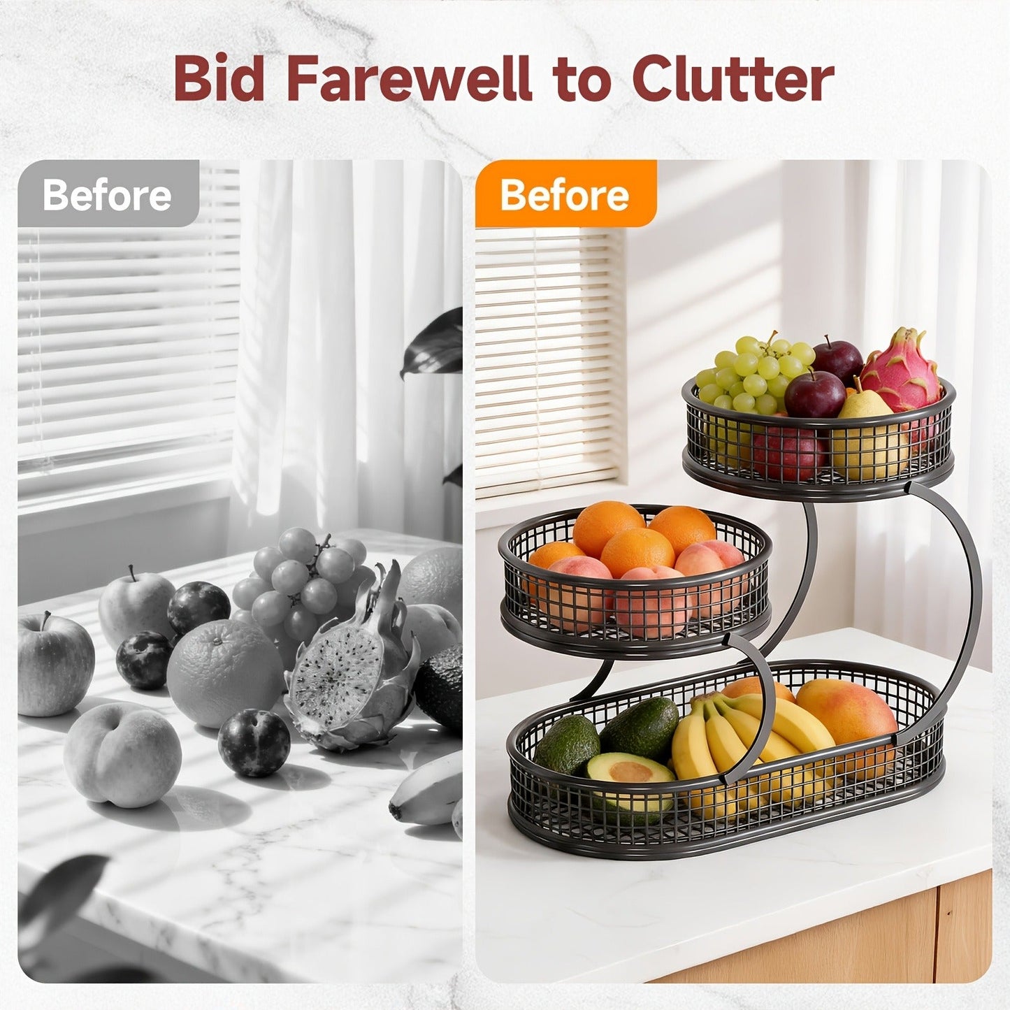Countertop Fruit Bowl 3-Tier Round Metal Wire Stand | Kitchen Storage Organizer for Fruits Vegetables Bread Snacks | Space-Saving Produce Rack