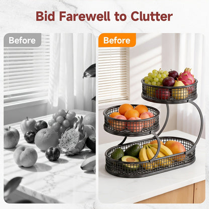 Countertop Fruit Bowl 3-Tier Round Metal Wire Stand | Kitchen Storage Organizer for Fruits Vegetables Bread Snacks | Space-Saving Produce Rack