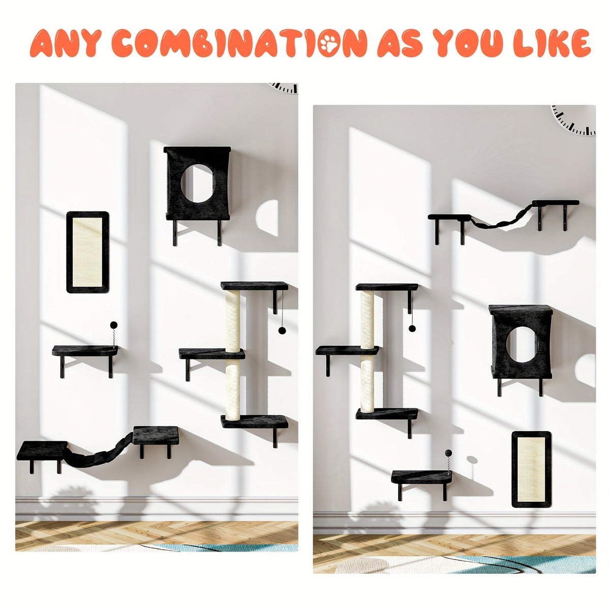 Five-Piece Wall-Mounted Cat Furniture Set with Open Perches, Suspended Bridge and Enclosed Cube