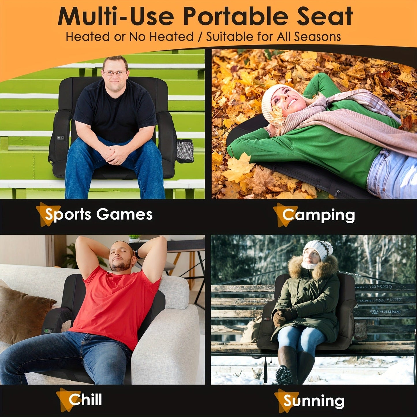 Heated Stadium Seat with Massage, 3-Level Heat & 6 Modes