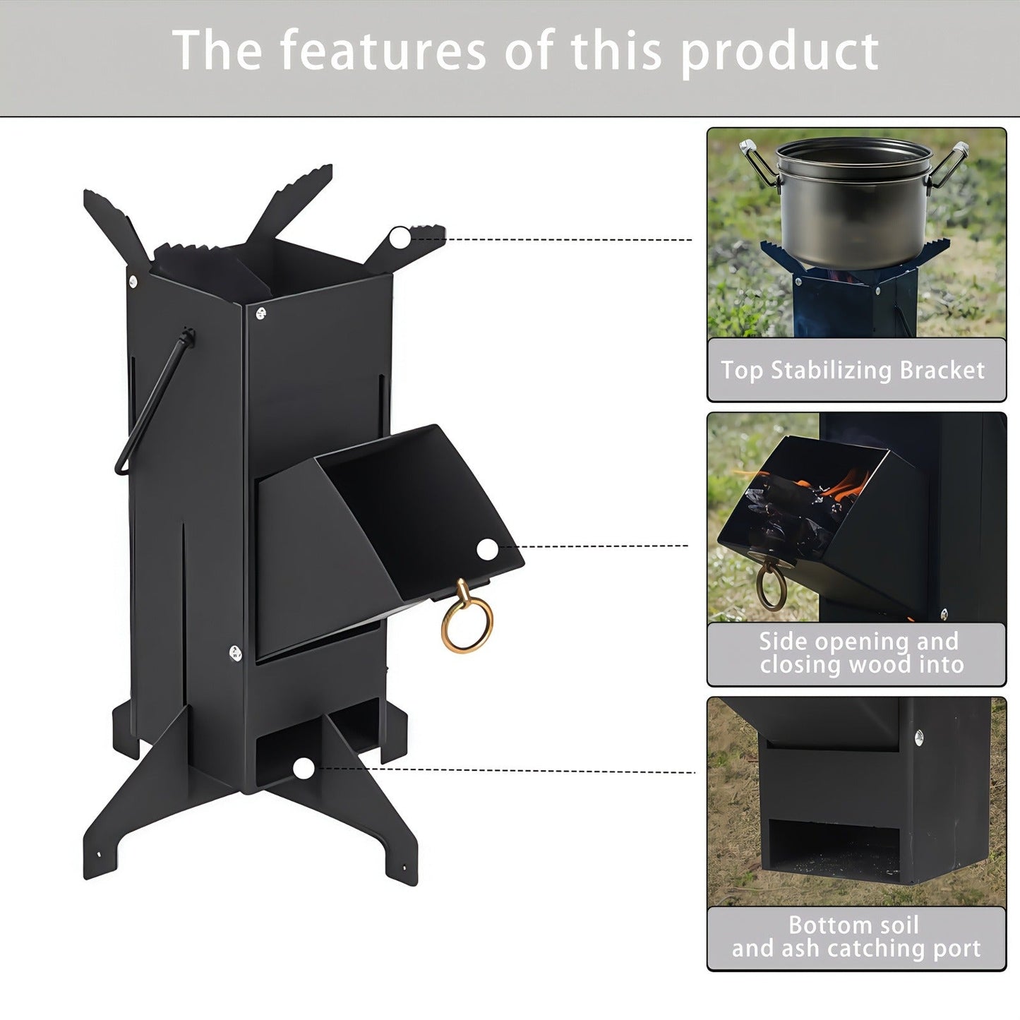 Black Rocket Stove with Detachable Side Feed Door, Four-Leg Base and Wood or Charcoal Fuel Configuration