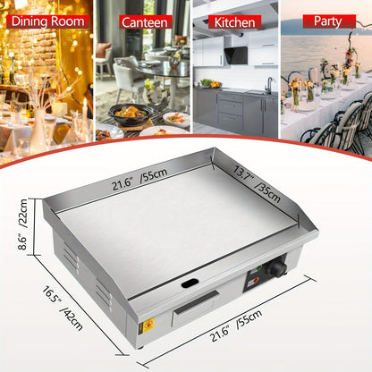 Flat Top Griddle 22 Inch 1600W Electric Countertop Teppanyaki Grill Non-Stick Stainless Steel Commercial Restaurant Griddle Adjustable Temp 50-300°C