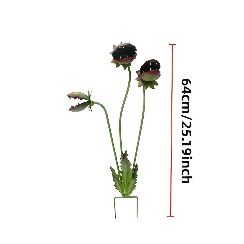 Three-Head Flower-Monster Garden Stake with Pictured 25.19-Inch Height for Planter, Lawn or Patio Display